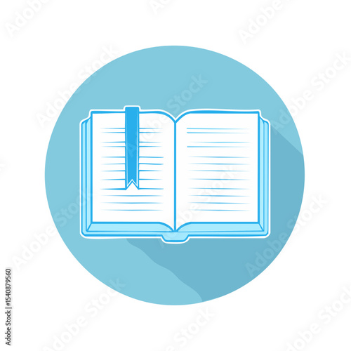 Open book icon illustration with pages and bookmark in blue circle