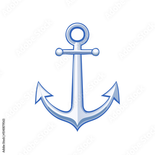 Stylized white and blue metal anchor cartoon illustration on a black background, maritime symbol