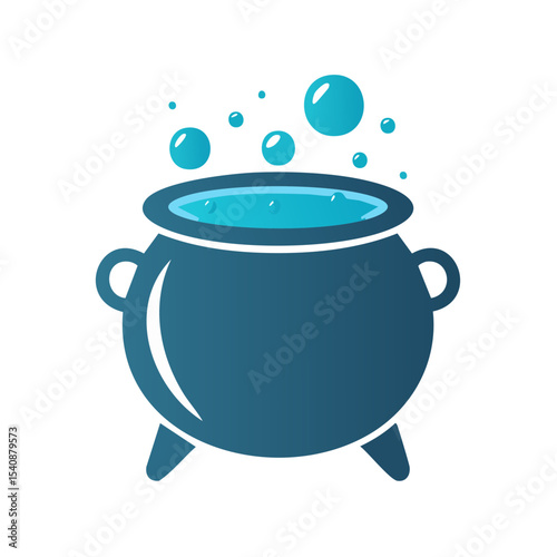 Halloween witch cauldron with blue potion and bubbles rising spooky season celebration design element illustration for party decorations
