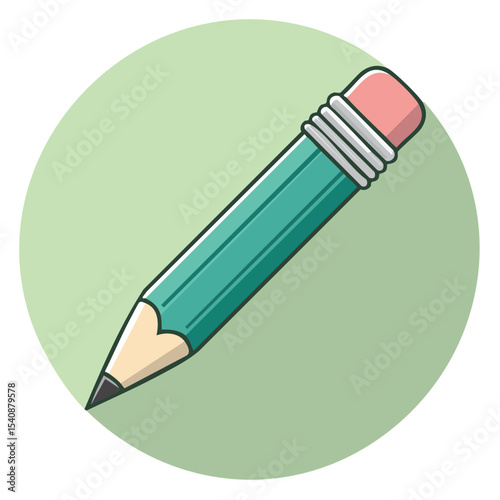 Illustration of green pencil with eraser on pastel green circle background for writing drawing and educational purposes