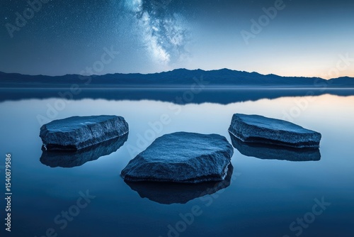 Three rocks rest peacefully in a calm lake reflecting the starry night sky and distant mountains.