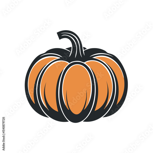 Isolated illustration of a stylized orange and black pumpkin with stem on black background