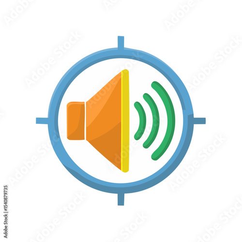 Sound localization concept orange speaker with green sound waves inside blue target aiming for perfect audio clarity