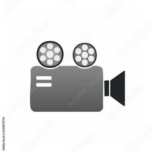Vintage Movie Camera Icon Illustration, Film Reels and Projector, Gray Scale