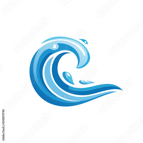 Stylized Blue Water Wave with Droplets on Black Background, Ocean Wave Curl