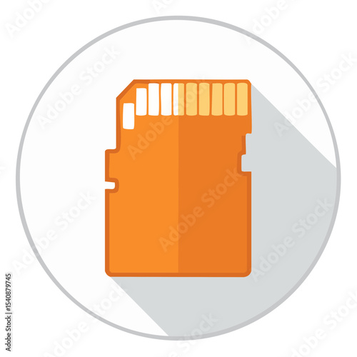 Memory card icon on white circle background. Orange micro SD illustration for data storage concept. Technology and digital information symbol.