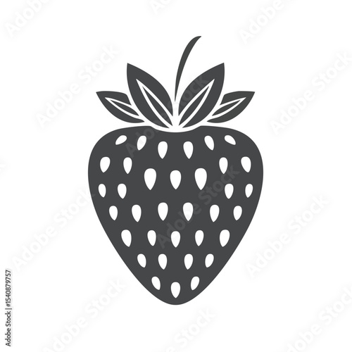 Strawberry silhouette on black background. Fresh fruit vector illustration. Simple berry design. Summer harvest graphic element. Decorative food ingredient icon.
