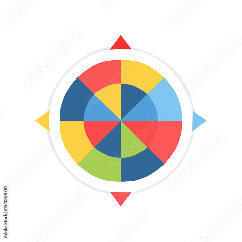 Vibrant Circular Compass Rose Graphic Navigational Guidance Orientation Precision Tool with Arrow Points Multicolor Radial Design