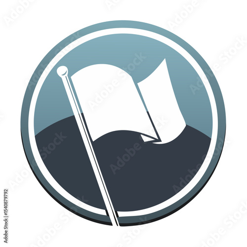 Conceptual white flag icon symbolizing surrender or truce in round shape with shades of blue and grey, design element for peace