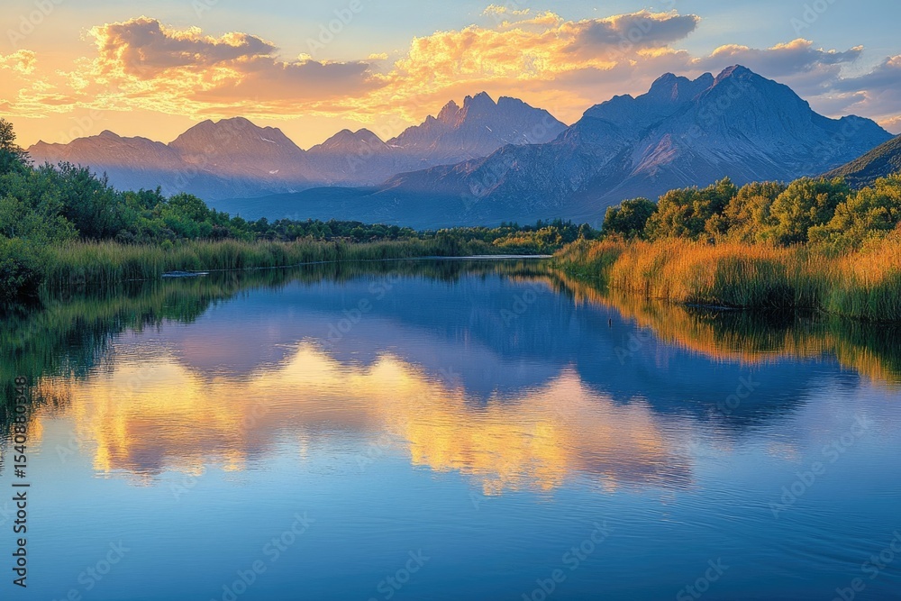 Fototapeta premium A serene lake reflects majestic mountains and a vibrant sunset, creating a tranquil and picturesque natural landscape.