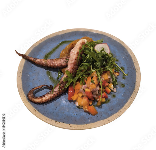 Grilled octopus with salad and salsa on a blue plate