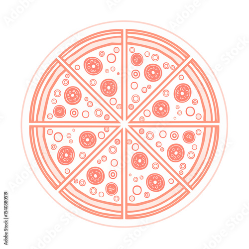 Stylized pizza illustration in peach color featuring circular design with tomato toppings on a black backdrop creative food concept