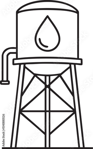 Simple Line Art Illustration of an Elevated Water Tower with Water Drop Icon on Tank minimalist