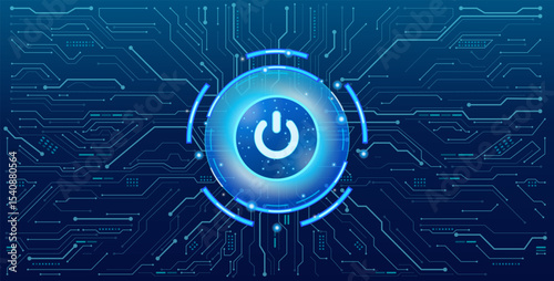 Glowing power button symbol with futuristic circular HUD elements on a circuit board background, technology illustration