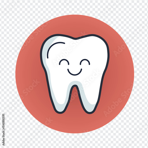cartoon smiling tooth icon on red circular background with dental care theme