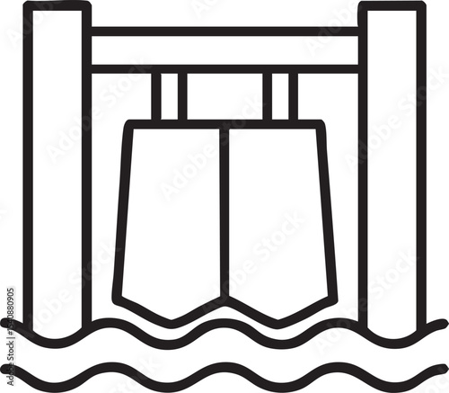 Simple Black and White Line Art Illustration of a Water Dam with Flowing Waves Below it