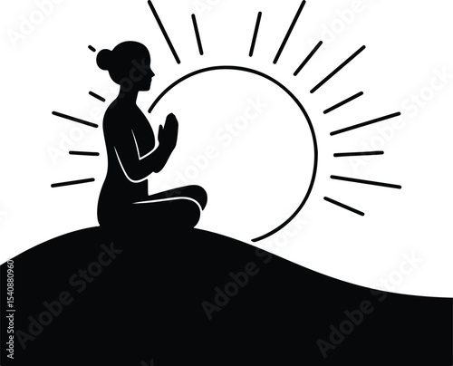 Silhouette woman meditating with sun flat design vector illustration