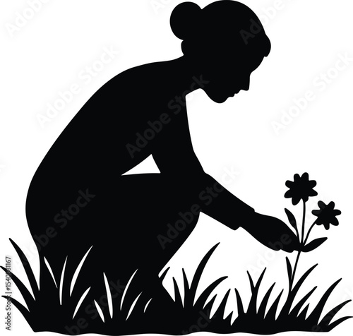 Silhouette woman tending flowers in garden flat design vector illustration