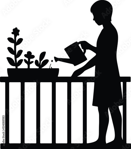 Silhouette Woman watering plants on balcony vector illustration