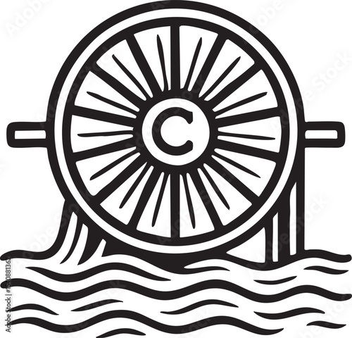 Monochrome Water Wheel Illustration with the Letter C Symbolizing Energy History and Sustainable Power Generation in a Minimalist Style
