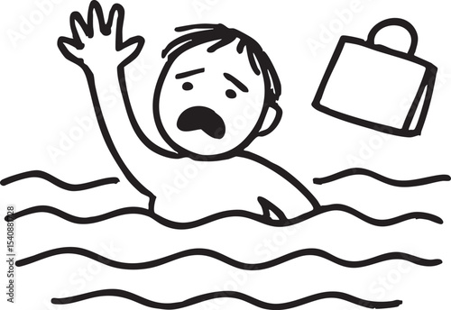 Cartoon Man Drowning in Water Reaching for Help with Briefcase Floating Nearby Black and White simple
