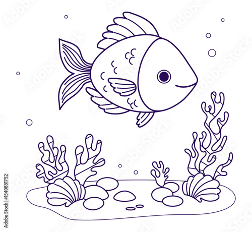 Outline Fish with algae and coral on seabed. Line drawing, coloring book. Vector illustration. Kids collection