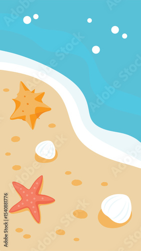 Cartoon beach scene featuring starfish seashells and waves with a bright summer vibe