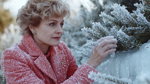 A woman in a pink coat examines frosted evergreen branches.