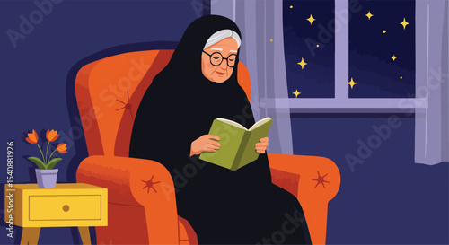 Muslim Elderly Woman Reading a Book by the Window at Night