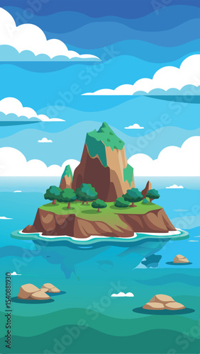 Cartoon island scene with lush green trees and ocean waters under a bright blue sky