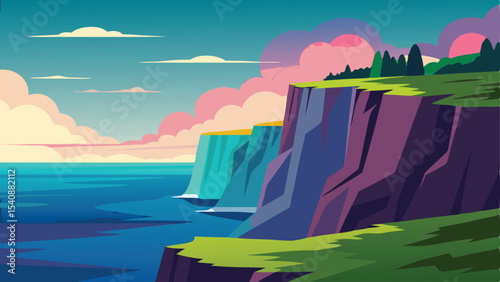 Coastal cliff landscape illustration with transparent background for graphic design