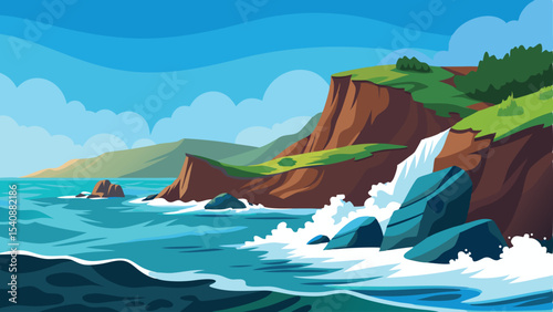 Coastal cliff scene with waterfall and ocean waves in a stylized landscape