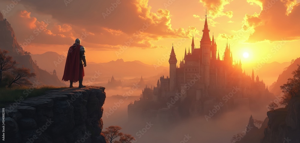 Fototapeta premium Lone knight surveys vast medieval city during sunset. Golden hour light bathes majestic castle, mountain range, dramatic sky. Epic fantasy artwork conveys courage, exploration, adventure in kingdom.