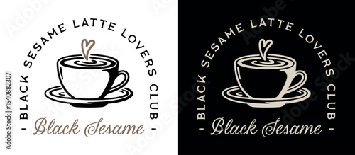 Black sesame latte lovers club coffee cup drawing cute fancy aesthetic girl shirt design logo. Vintage retro girly fall season Japanese Korean hot comfort drink cozy illustration poster print sticker.
