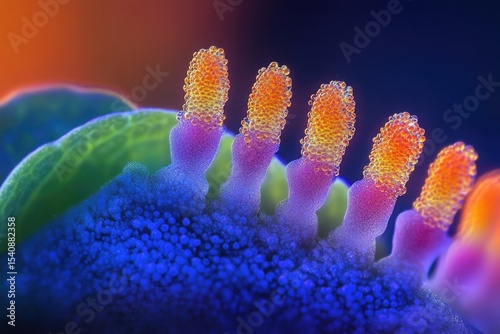 A macro shot reveals a vibrant, alien-like flora with bubble-covered structures on a leaf, bursting with colors and textures.