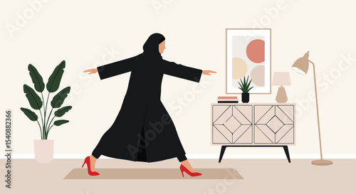 Muslim Woman Practicing Yoga at Home, Wearing Red Shoes