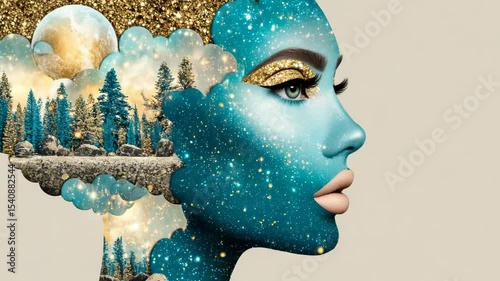 Surreal female profile blending cosmic galaxy texture with forest landscape and moon elements in double exposure style. 4K video
