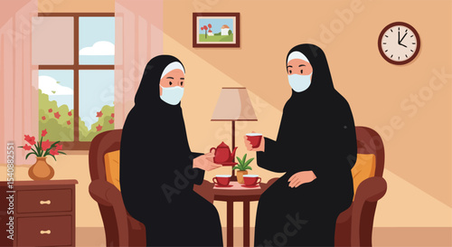Two Muslim Women Having Tea Together at Home, Wearing Masks