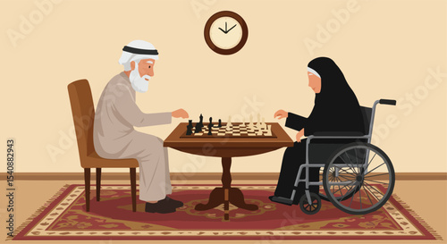 Senior Muslim Couple Playing Chess, Woman in Wheelchair