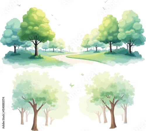 Vector illustration of an architectural trees for landscap design in a watercolor stylist.watercolour forest portrait