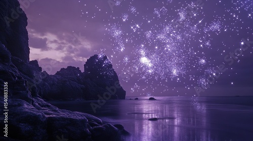 Unique overlapping streams of silver and lavender fireworks forming sharp angular shapes
