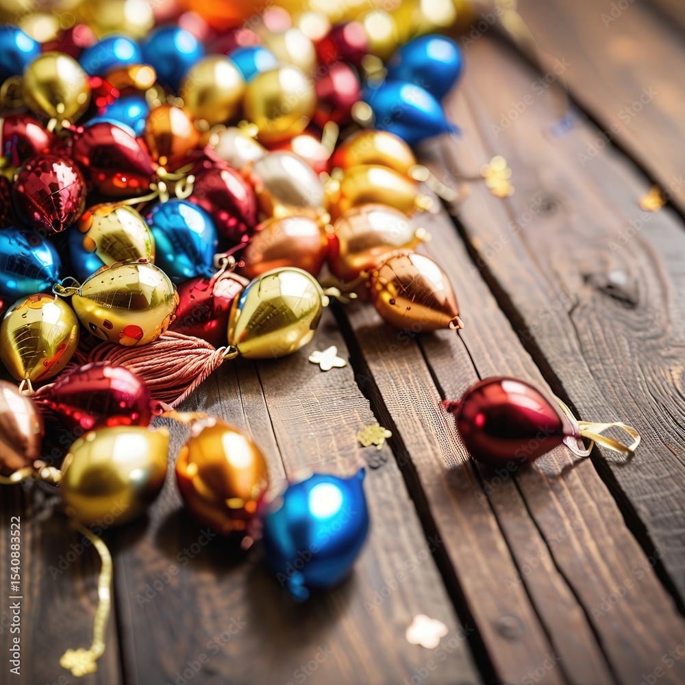 Naklejka premium A pile of colorful metallic confetti (gold, orange, red, blue) on rough wooden plank, suitable for cheerful, joyful, and creative design projects