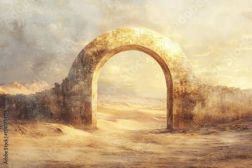 An ancient stone archway stands in a vast desert, suggesting a portal or gateway to another world.