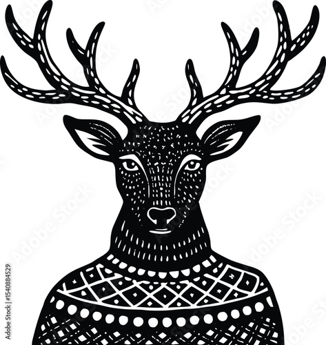 Majestic deer head wearing a cozy intricate knit hat