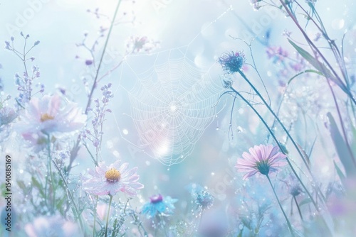 A delicate spiderweb glistens with dew among pastel flowers, creating a serene, ethereal, and magical natural scenery.
