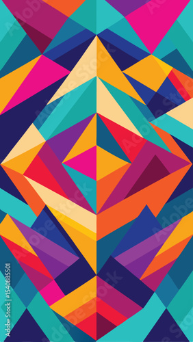 Colorful geometric abstract design featuring interlocking triangles with vibrant hues
