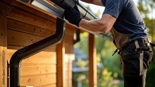 Construction worker in gloves installing house rain gutter system on wooden building