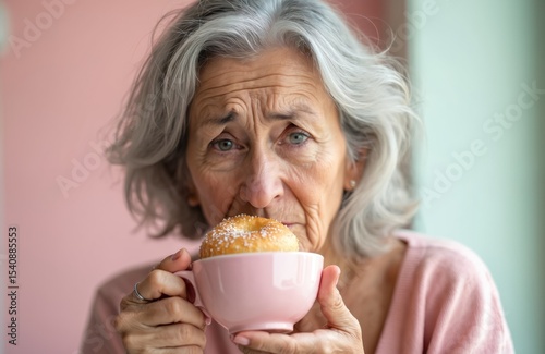 Senior grey-haired woman drinks coffee eats bun looking nervous. Upset face, frowning shows thoughtful emotion because of problem. Mature elderly lady in portrait.