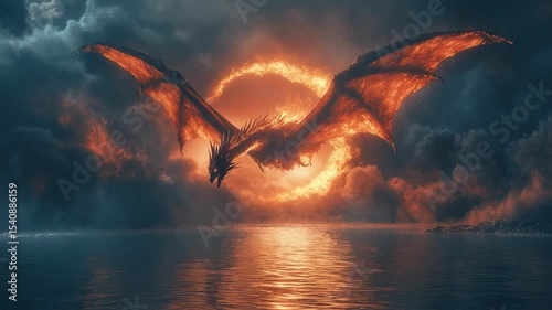 A grand dragon with glowing wings flies above a serene lake. The sky is filled with swirling clouds, illuminated by an orange glow, creating a mystical atmosphere at dusk