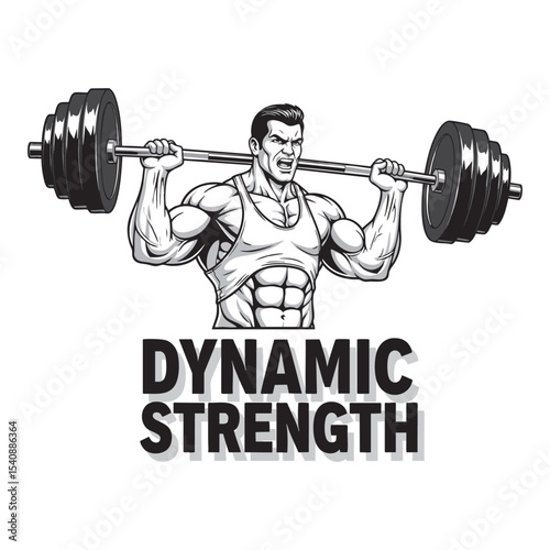 "Dynamic Strength" Barbell Press Vector Logo - Intense Bodybuilder Fitness Emblem.